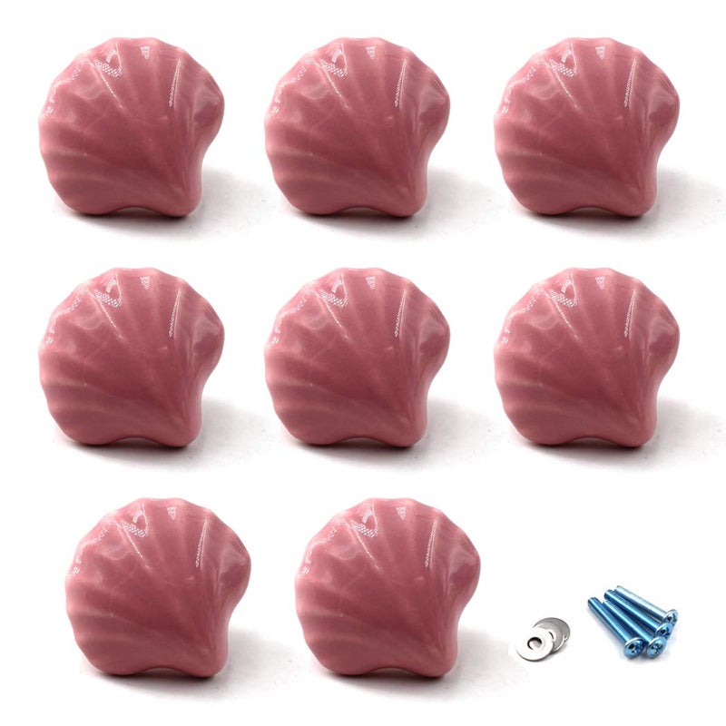 Flomore Pink Drawer Knob Ceramic Cabinet Knobs Kids Room Handle Pull Shell Shape for Dresser Drawers (Pack of 8 Screws Included) - Image 1
